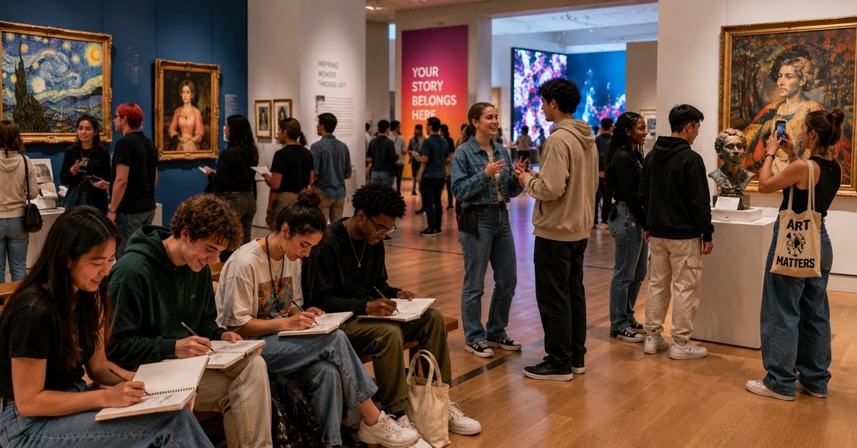 Young adults sketching, socializing and exploring exhibits in a modern art museum.