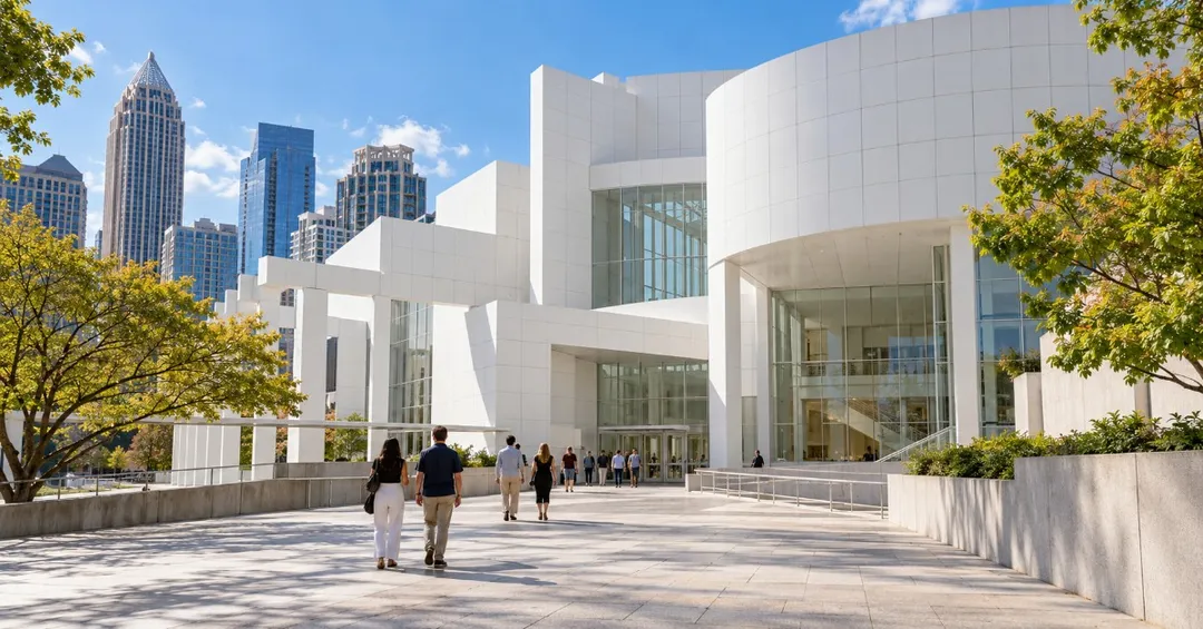 The white facade of the High Museum of Art in Midtown Atlanta, with city towers behind