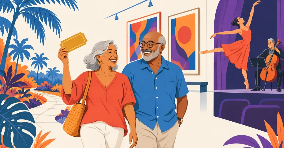 Illustration of an older couple holding a golden ticket, with a tropical garden, art gallery and ballet stage behind them