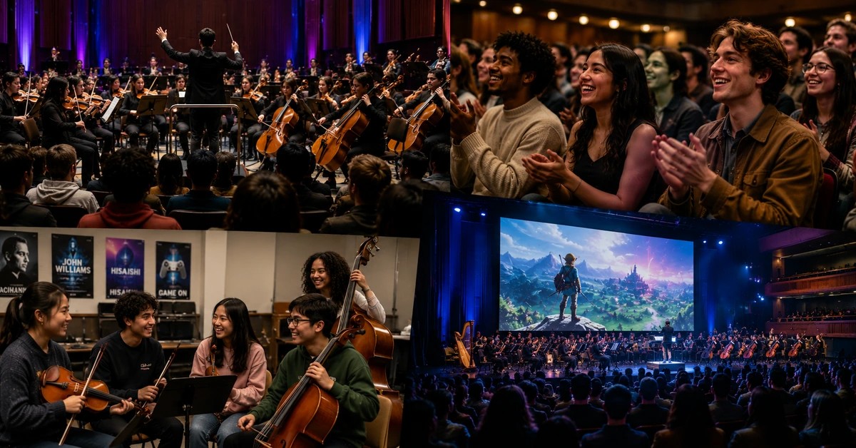 Young audiences and musicians engaging with orchestral performances, including a multimedia video game concert.