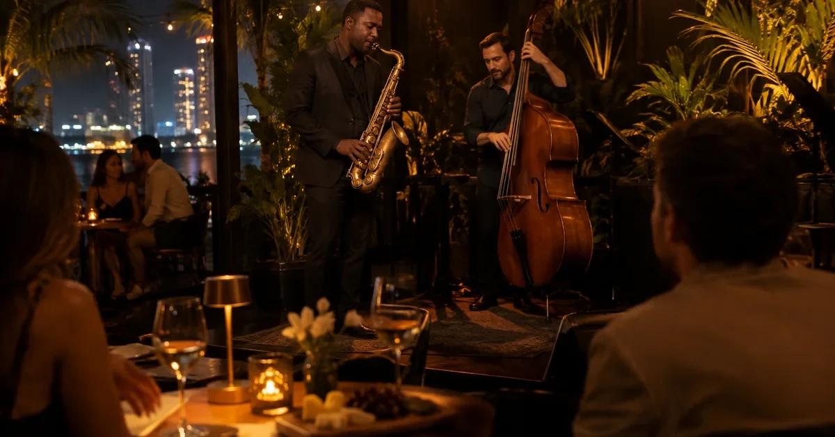 Saxophonist and upright bassist playing for diners with wine at an intimate Miami jazz bar at night