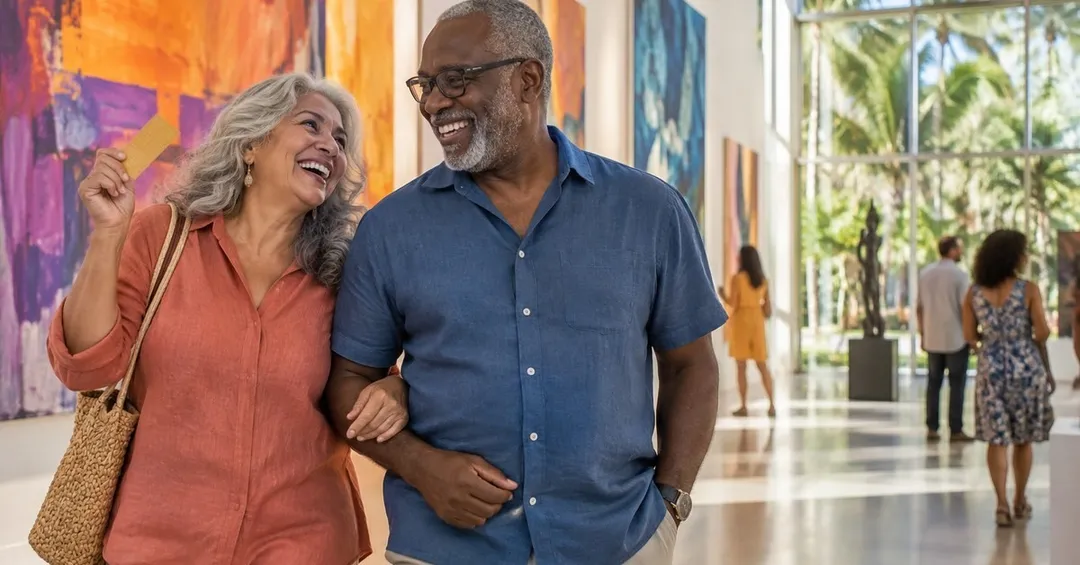 Illustration of an older couple holding a golden ticket, with a tropical garden, art gallery and ballet stage behind them