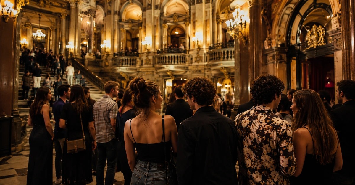 Young opera audience members watching a performance from the auditorium.