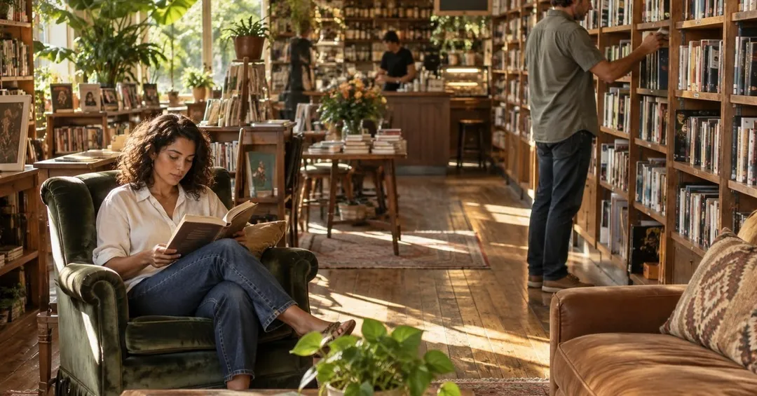 Readers browsing shelves and relaxing in an armchair at a cozy independent bookstore