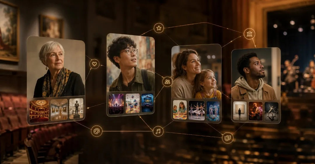 Floating audience persona cards connected to theater, museum, music and family arts experiences.