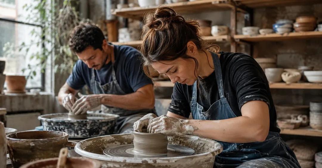 Couple shaping clay on pottery wheels during a pottery class in Miami