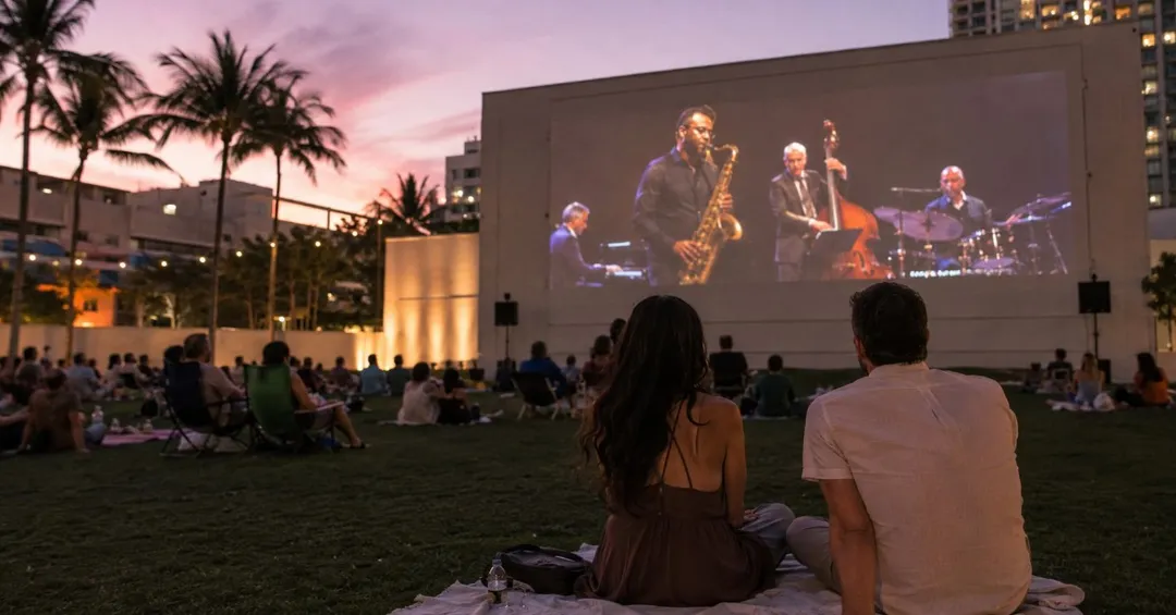 Couple watching a live jazz performance projected outdoors at a Miami Wallcast concert