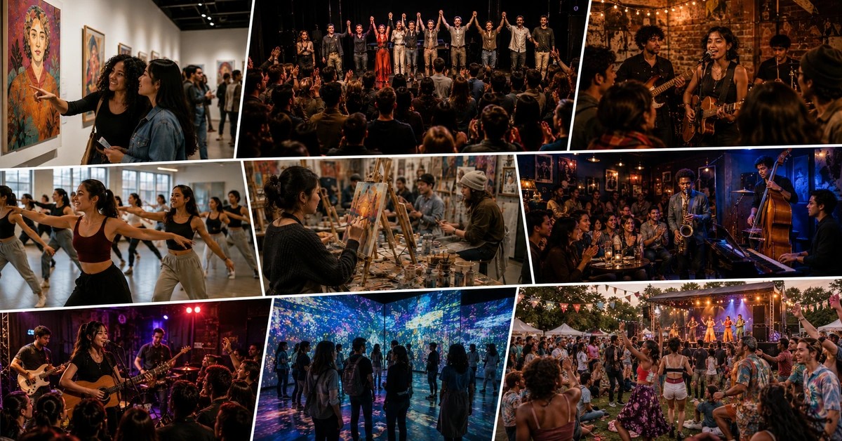 Young adults enjoying theater, live music, dance, museums, classes and outdoor arts events.