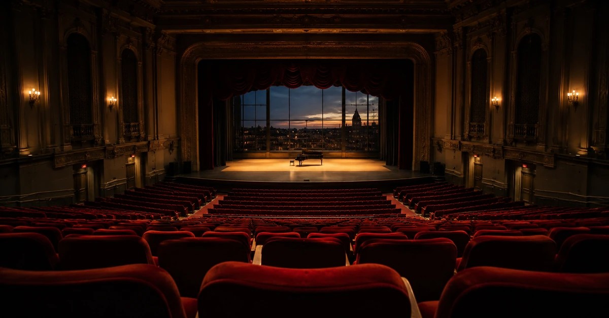 Empty concert hall with red seats facing a grand piano on a lit stage