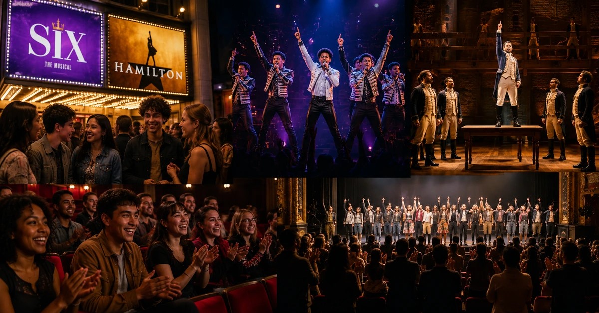 Young theatergoers enjoying musical theater performances and applauding a curtain call.