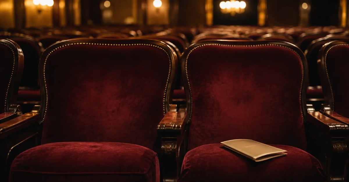Empty red velvet theater seats with a program resting on one