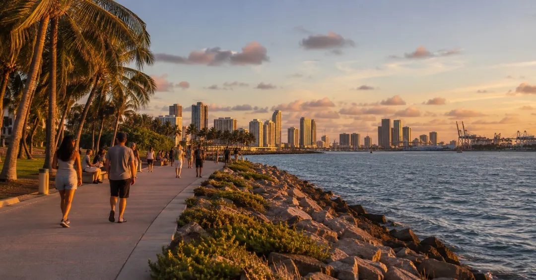 People walking a palm-lined waterfront path at South Pointe Park at sunset, with the Miami skyline across the water