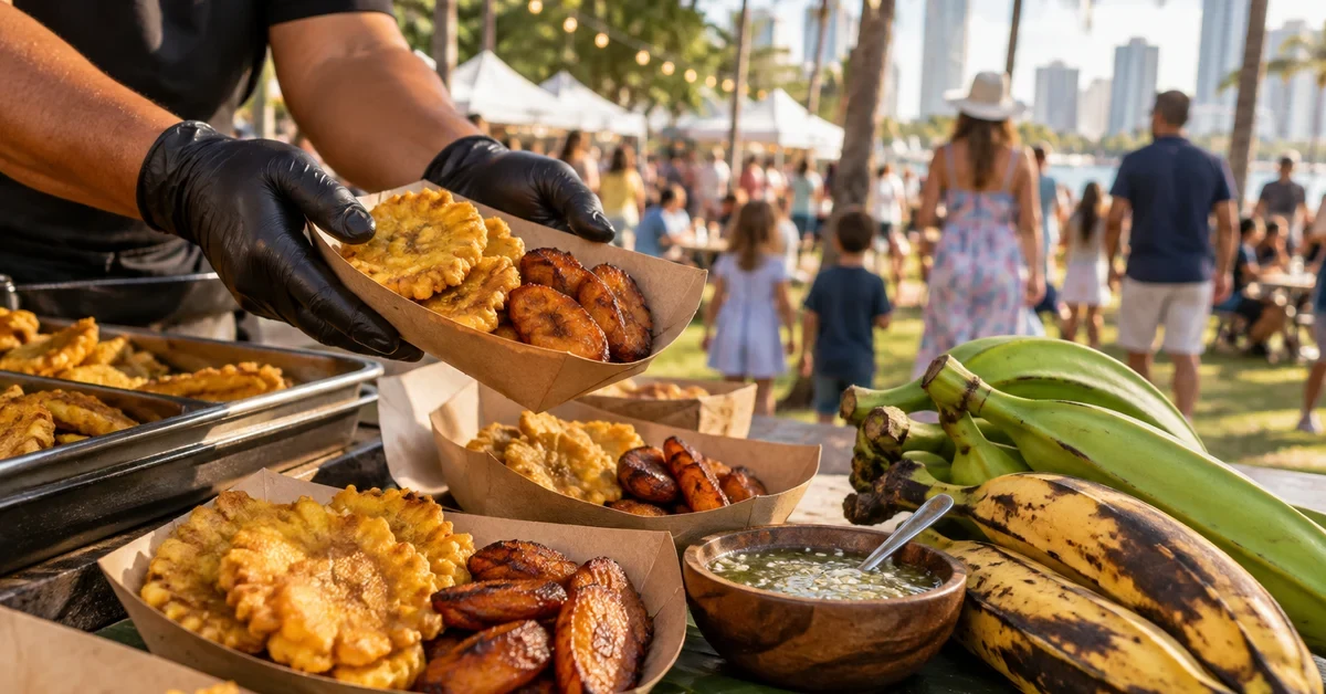 Fried plantain dishes served at an outdoor neighborhood festival in Miami