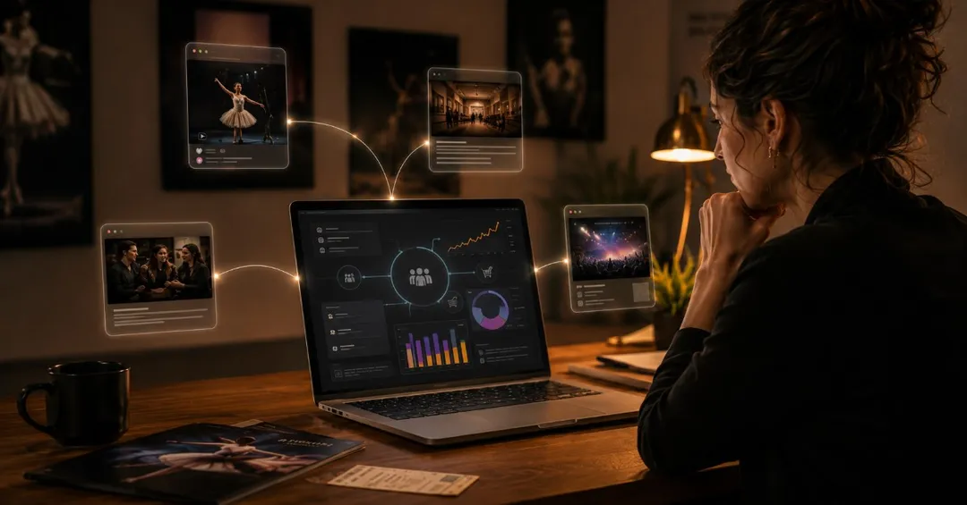 Person viewing an audience-intelligence dashboard with glowing panels for discovery, engagement and ticketing.