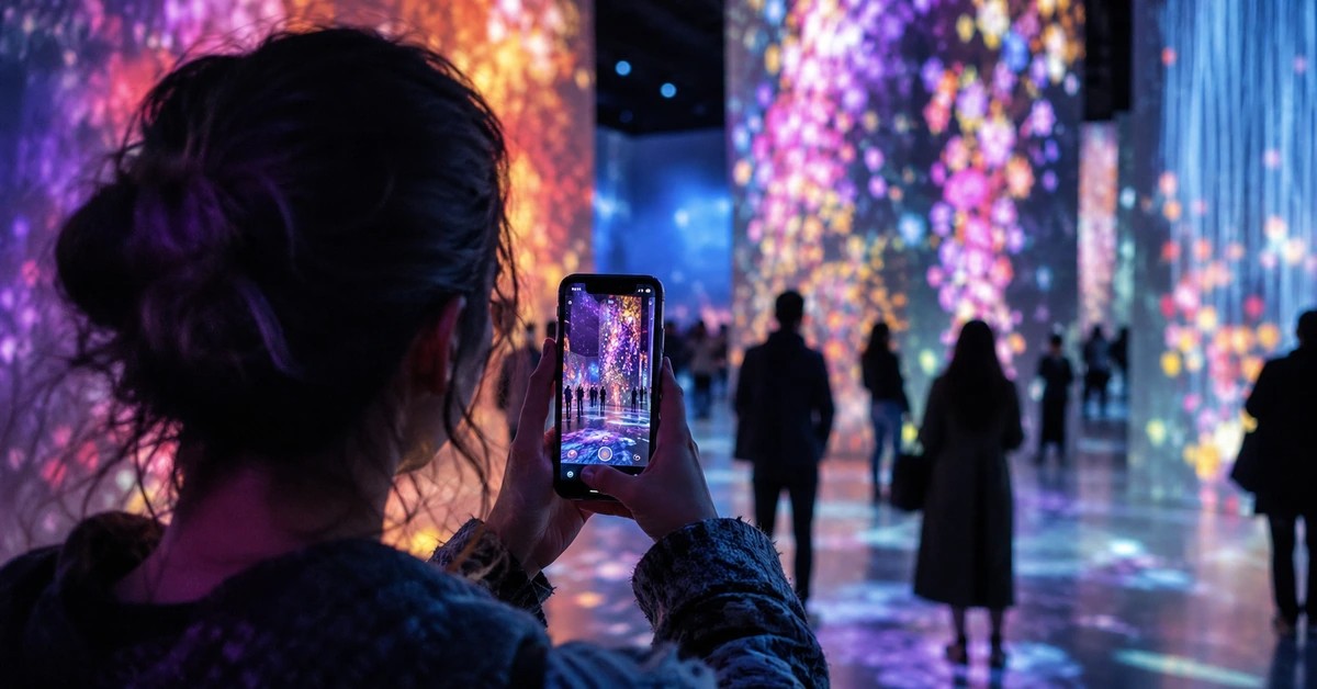 Visitor photographing a colorful immersive art installation on a phone